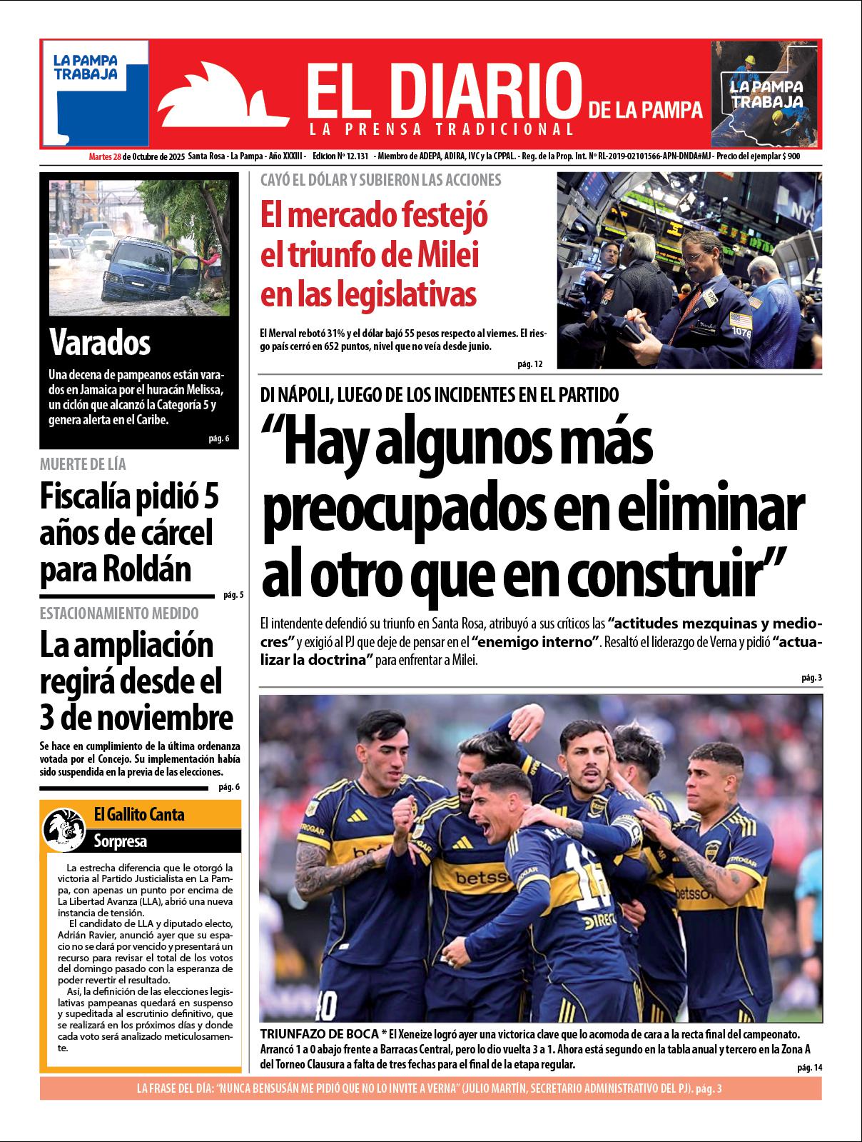 Tapa de El Diario en papel  martes 28 de octubre de 2025
